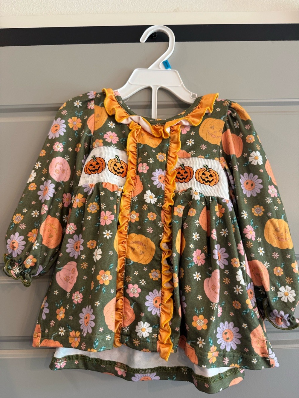 Olive Pumpkin Patch Ruffle Kids Dress with matching bloomers